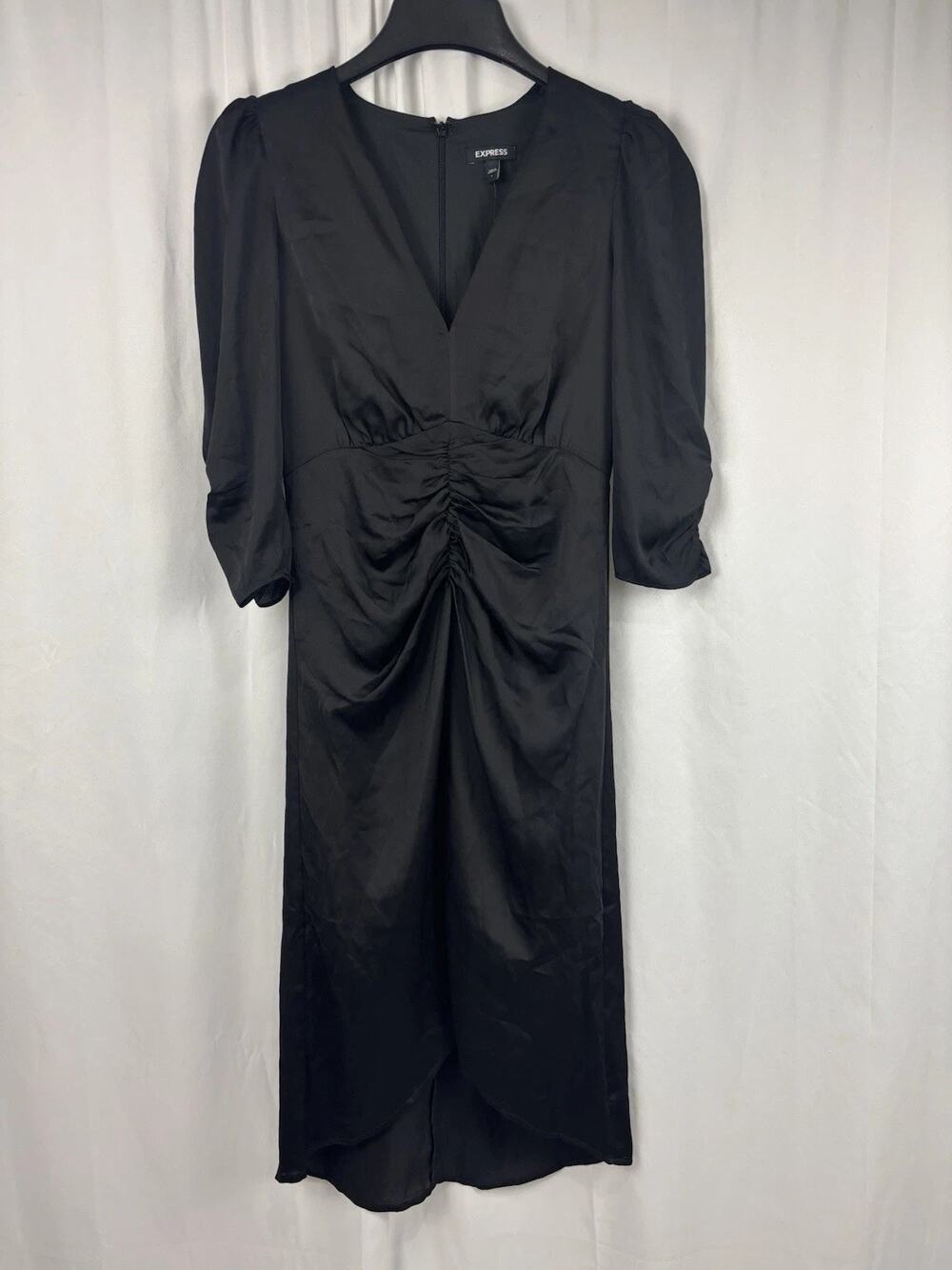 NWT Express V neck High Low Chiffon Puff Sleeve Black Midi Dress S Whimsygoth